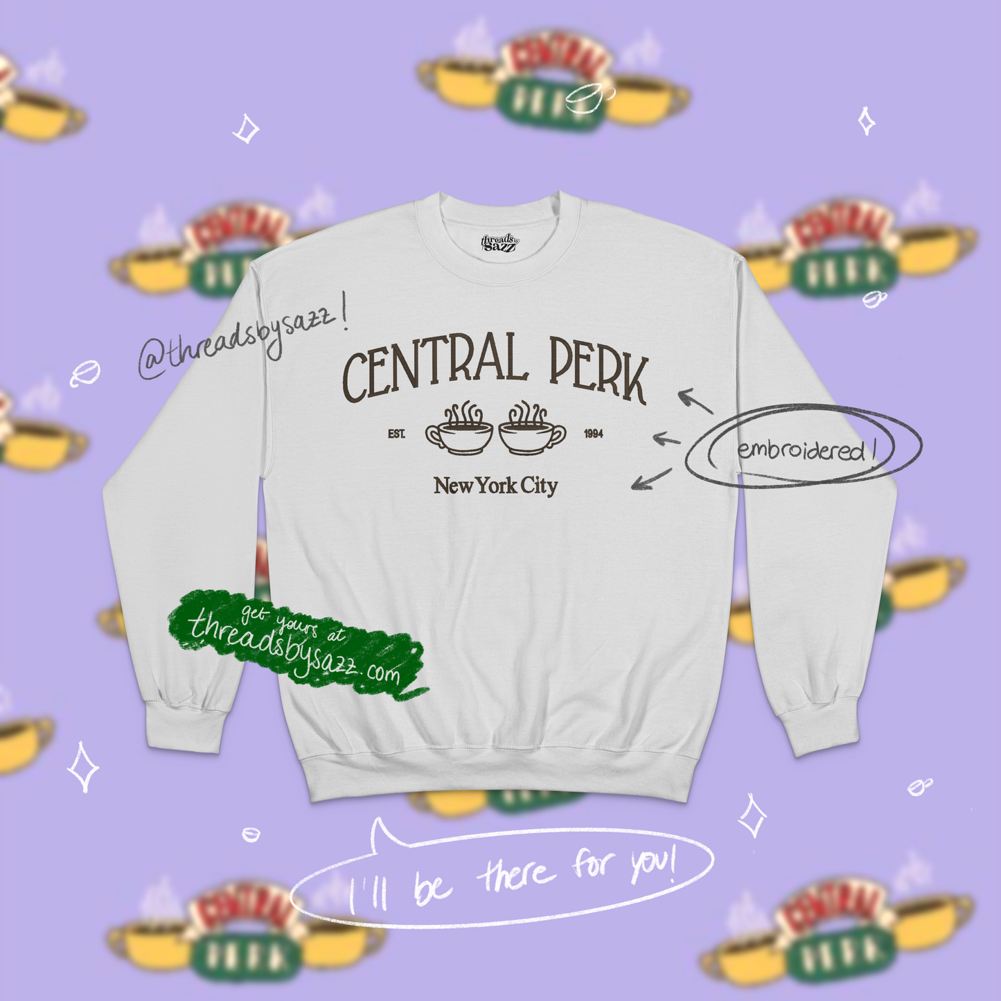 "central perk" embroidered crewneck