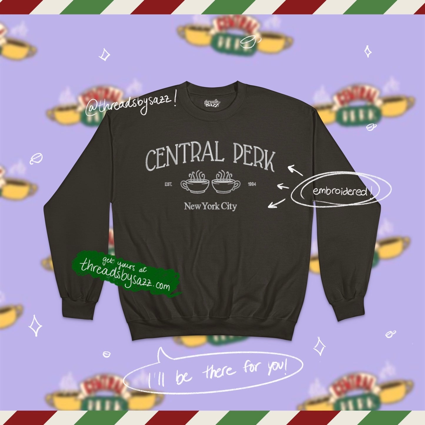 "central perk" embroidered crewneck