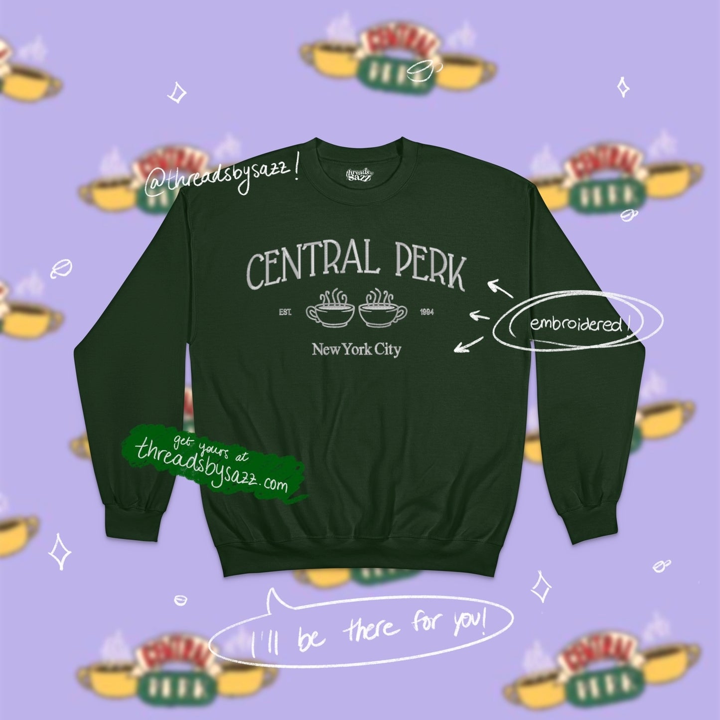 "central perk" embroidered crewneck