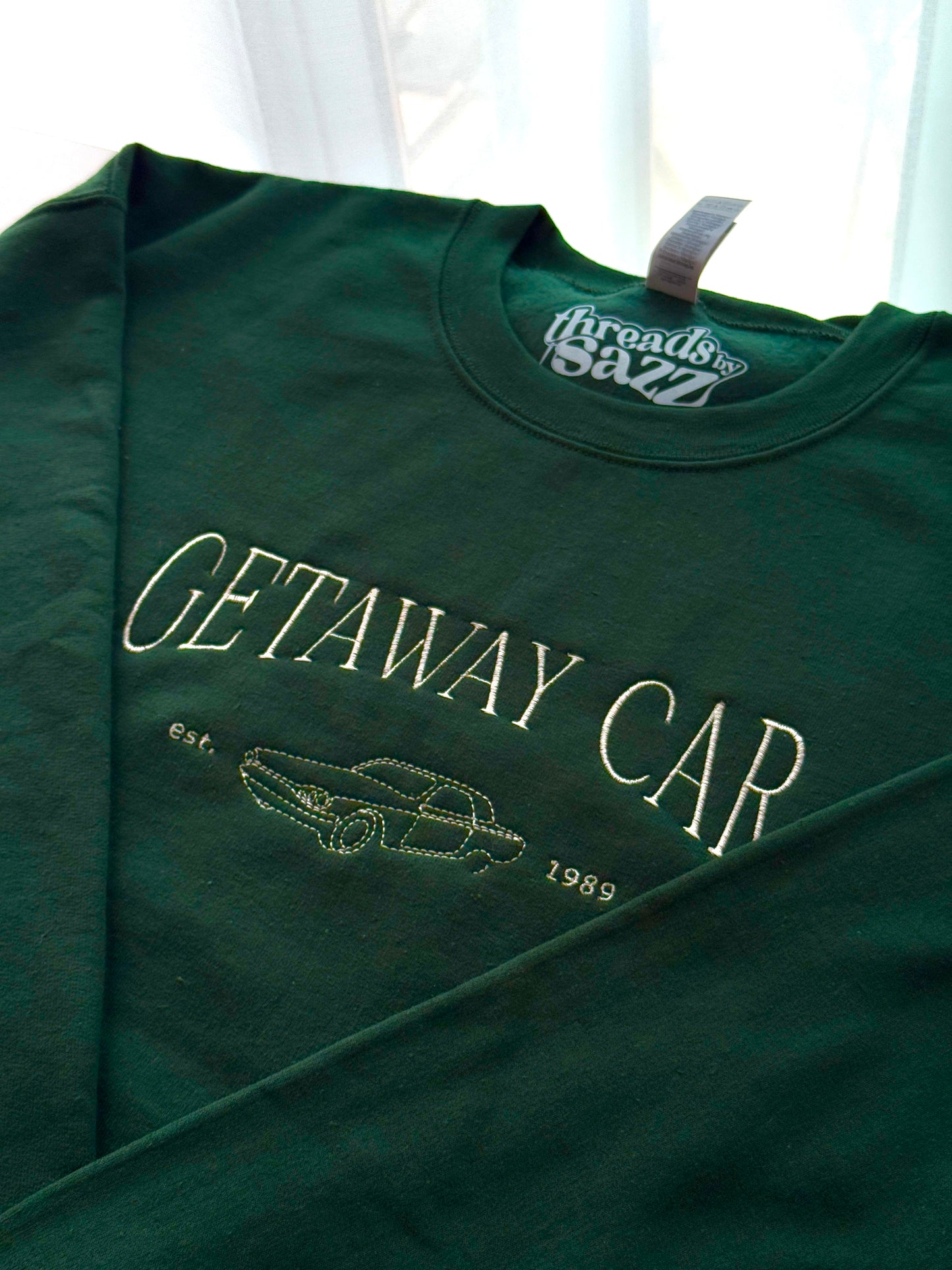 "getaway car" embroidered crewneck